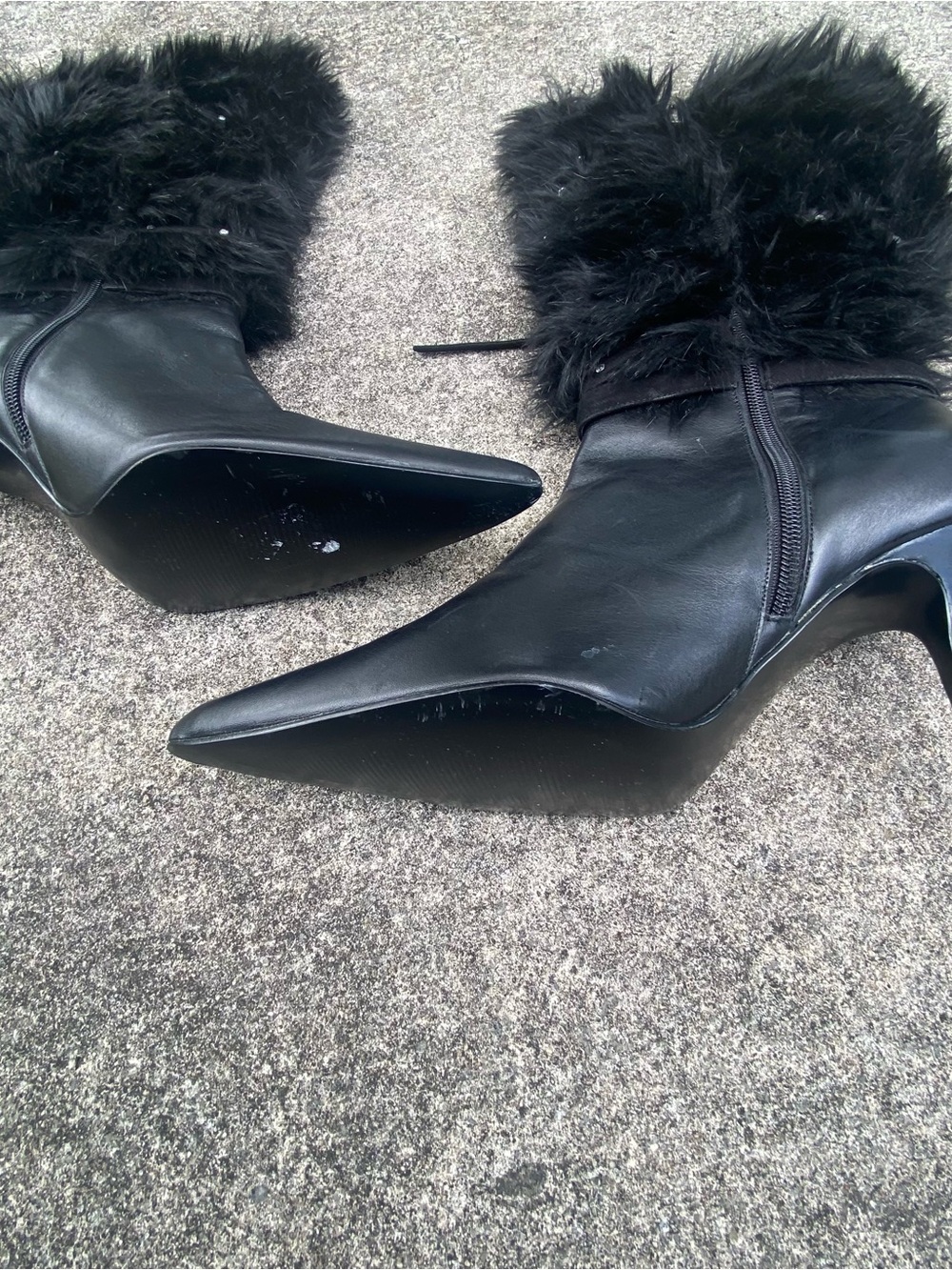 Y2K Black Leather & Fur Rhinestone Stiletto Boots Size 10 - Picture 7 of 8